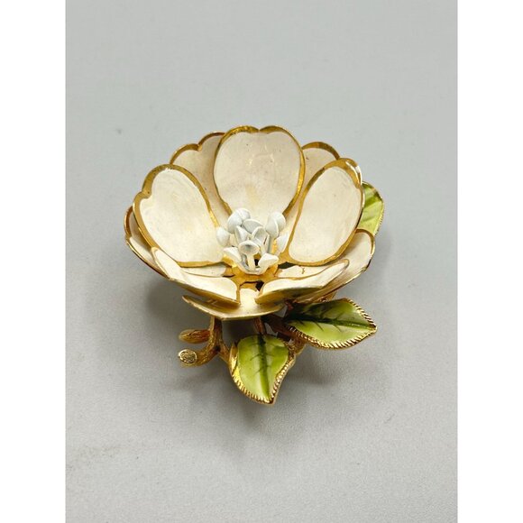 Vintage Coro Corocraft Enamel Beige Flower Brooch Large Statement Costume Pin - Picture 2 of 8